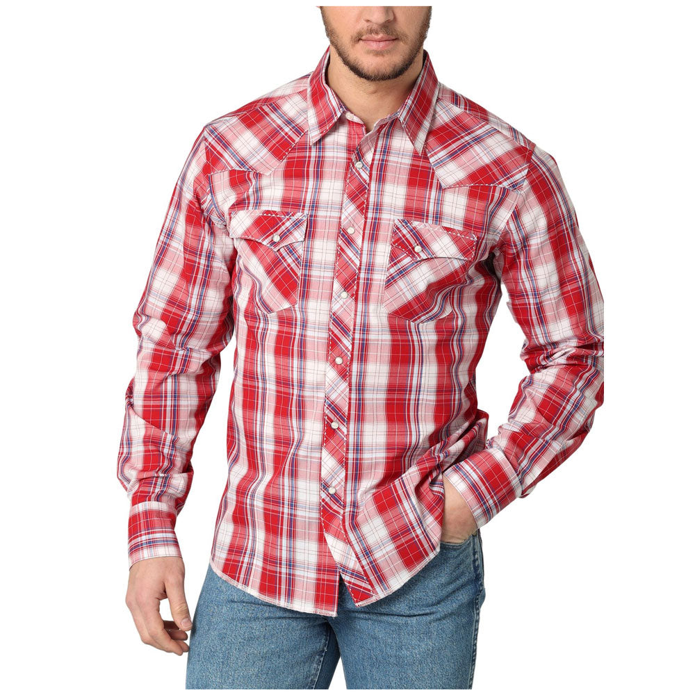 2314883 Wrangler Men's Long Sleeve Plaid Western Shirt Red White and B |  The Wire Horse