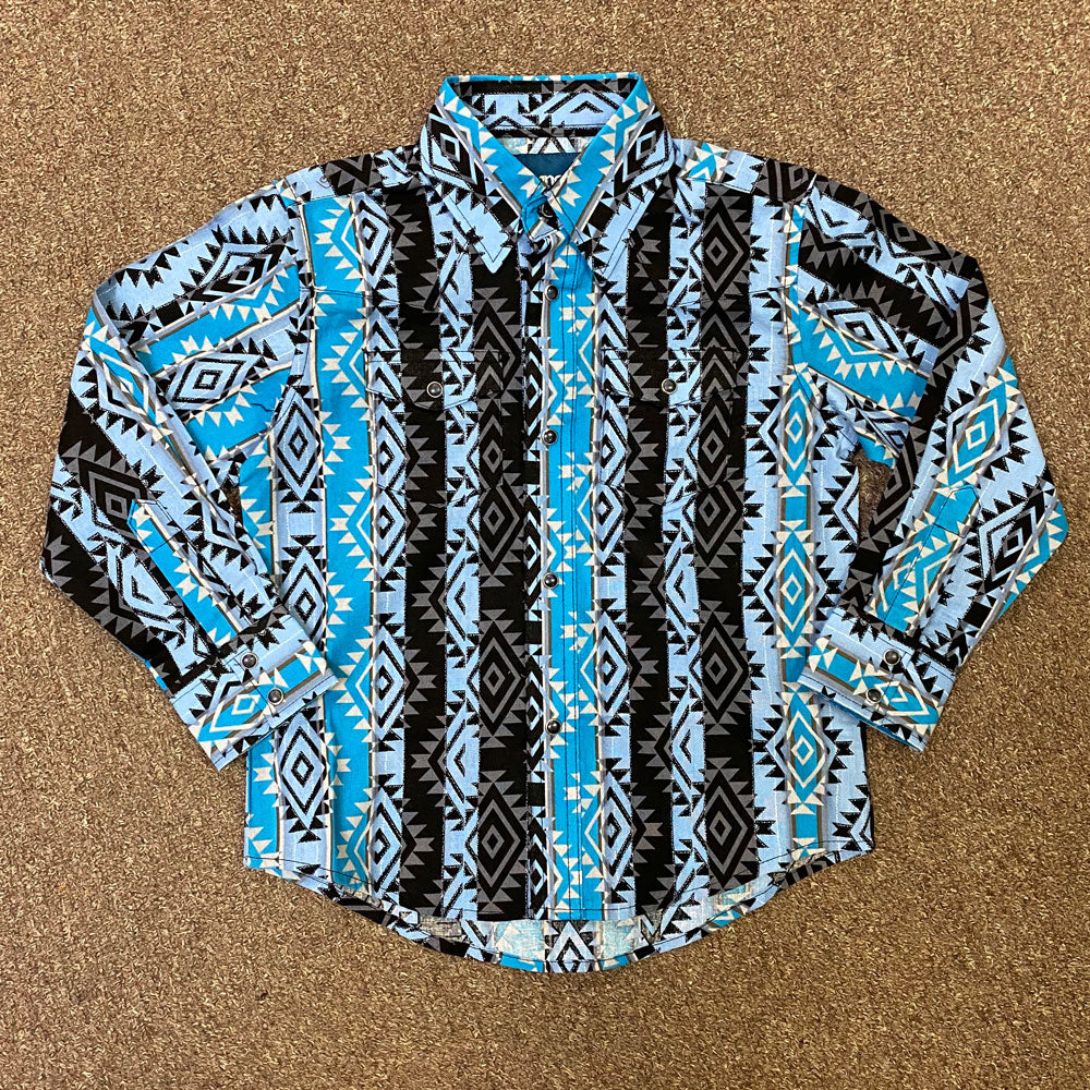 BC1277M Wrangler Boys Checotah Blue Aztec Print Long Sleeve Western Sh |  The Wire Horse