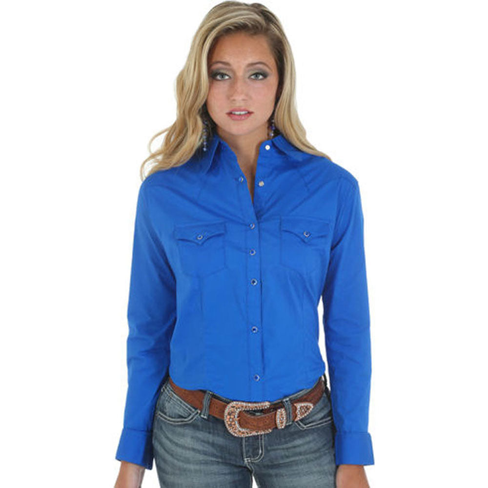 LW1011B Wrangler Women's Solid Blue Western Snap Shirt | The Wire Horse