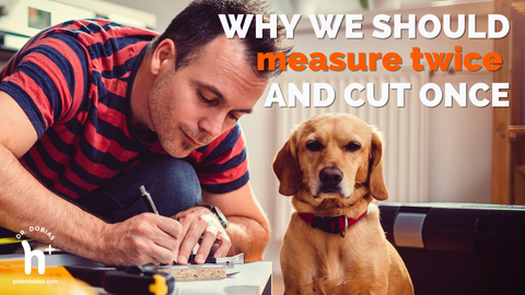 Man measuring while dog sits by watching 