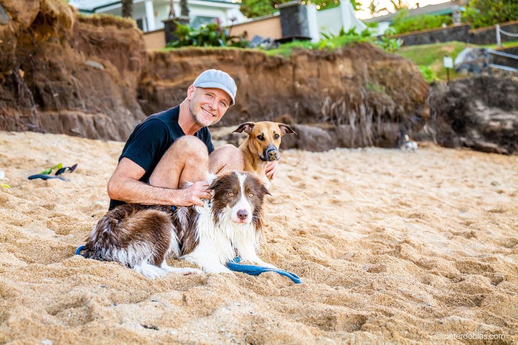 Dr. Peter Dobias with his border collie Pax sitting on a beach