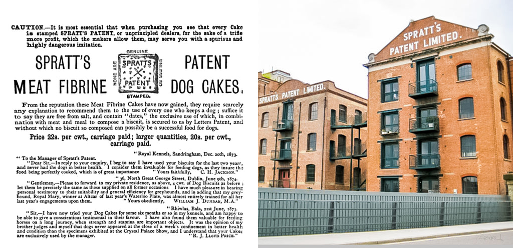 Advertisement for Spratt's dog food and the old Spratt's factory