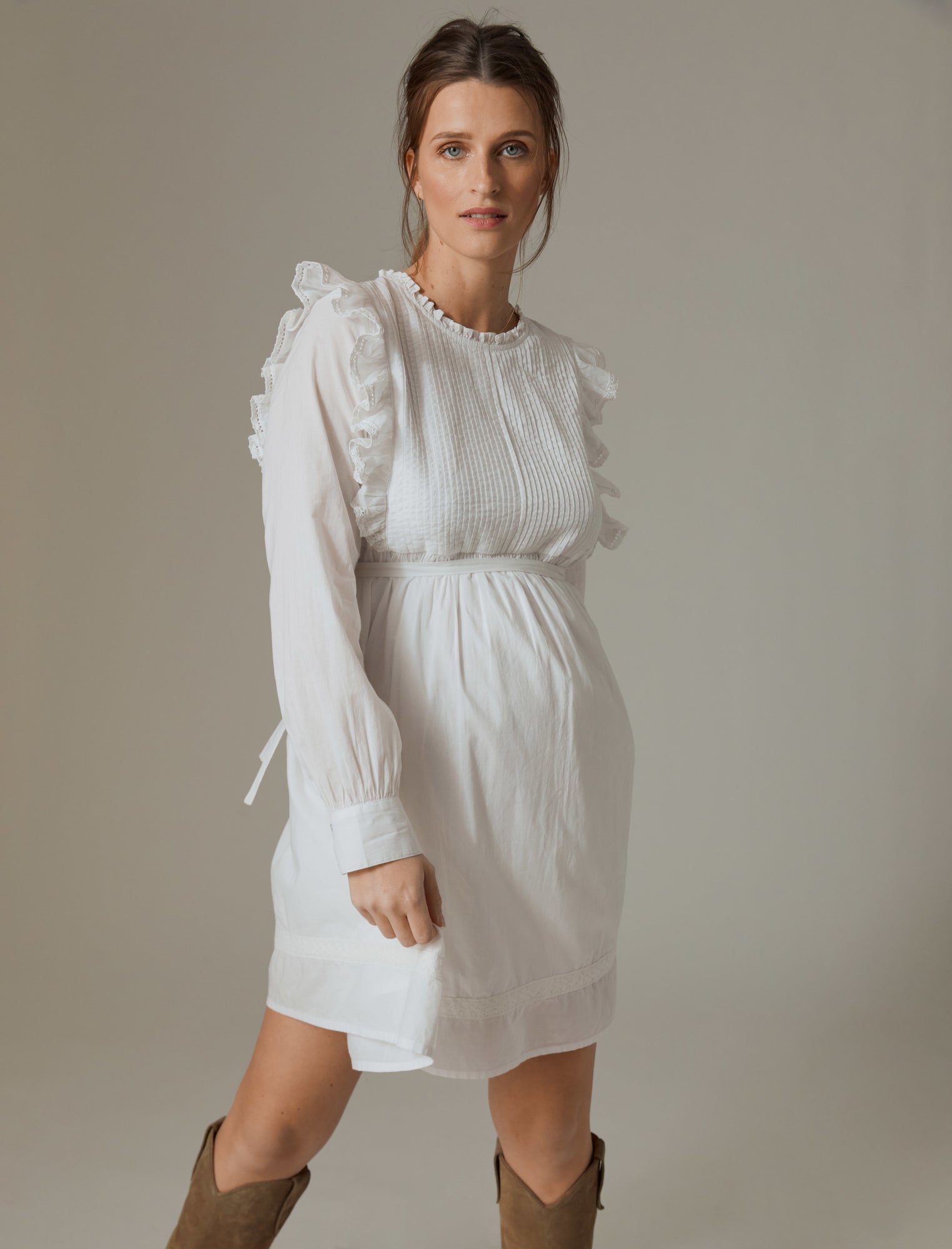 Image of Long Sleeve Voile Pintuck Bib Maternity Dress