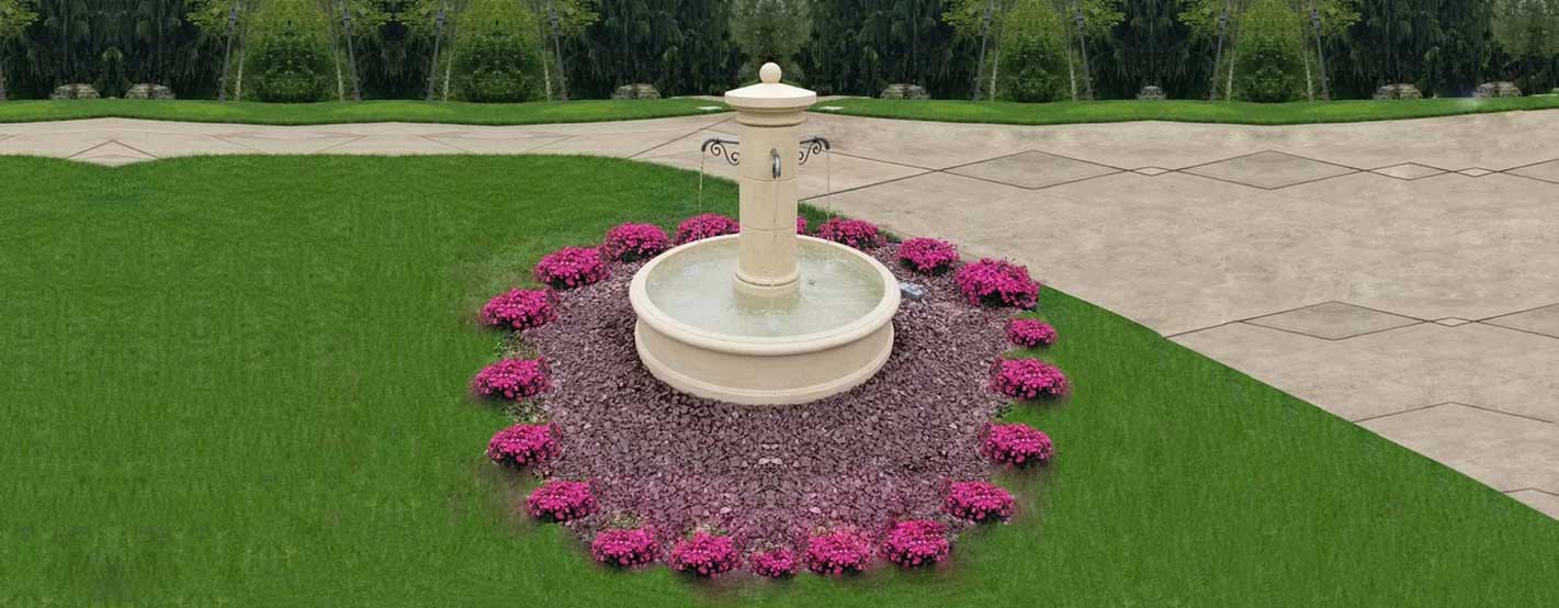 Avignon Fountain surrounded by pink flowers in the backyard