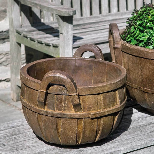 Campania International Apple Basket Planter, Small beside wooden chair in the backyard