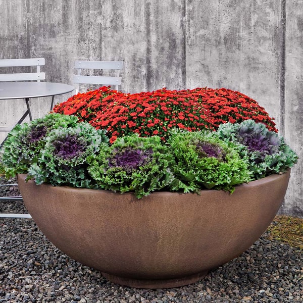 Campania International Contour Low Bowl 4719 filled with flowers in the backyard