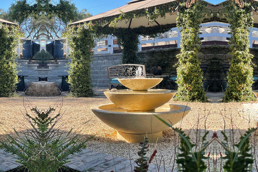 Cascade Fountain in travertine in the backyard