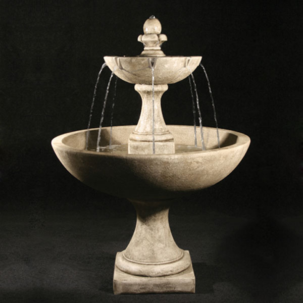 Fiore Stone Trinidad Fountain with International Finial running against black background