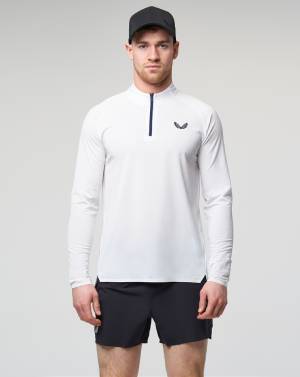 man in white 1/4 zip running gear