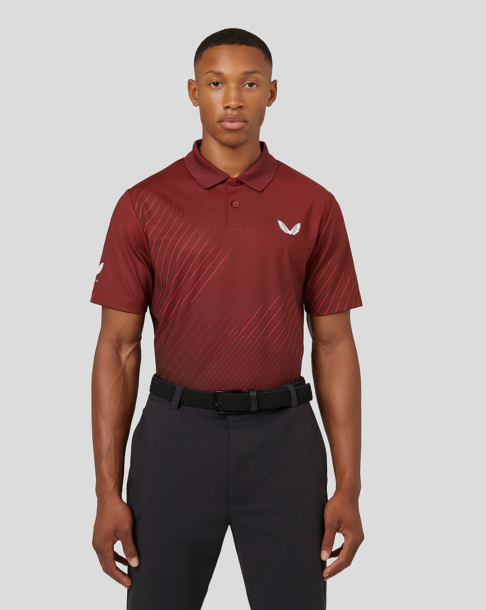 Men’s Golf Short Sleeve Geo Print Polo Top – Cabernet – Castore