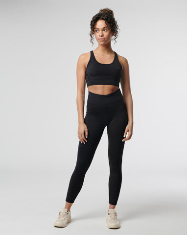 Woman in black sports bra and leggings