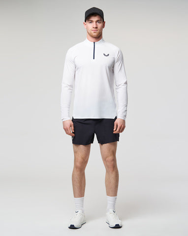 Man in premium white 1/4 zip and black shorts