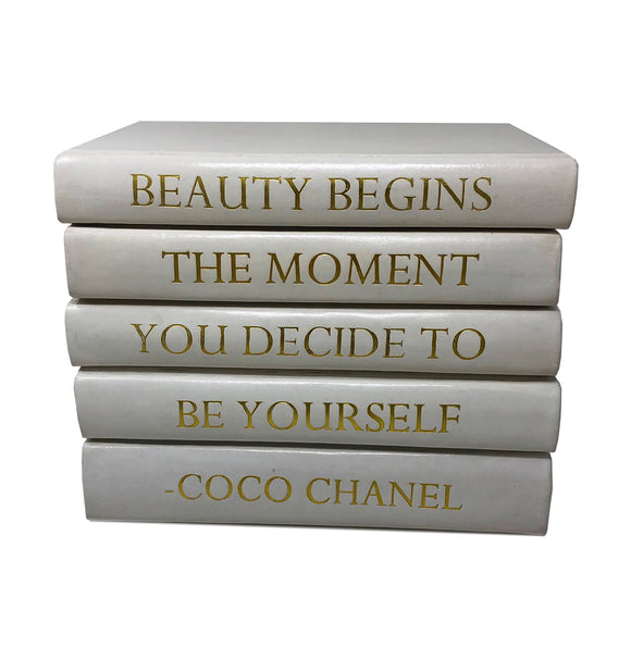 Stack of White Leather Bound Books with Coco Chanel Beauty Begins Quot –  Vellum Home