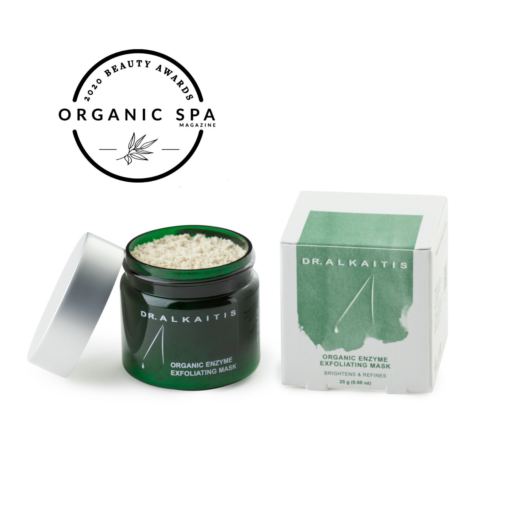 Jar of Enzyme Exfoliating Mask with lid off on white background and the badge for the Organic Spa award 2020 for best product