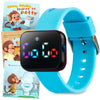 blue squared watch with GoGo interface with three illustration of a child monkey learning to potty