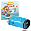 blue round watch with GoGo interface with three illustration of a child monkey learning to potty