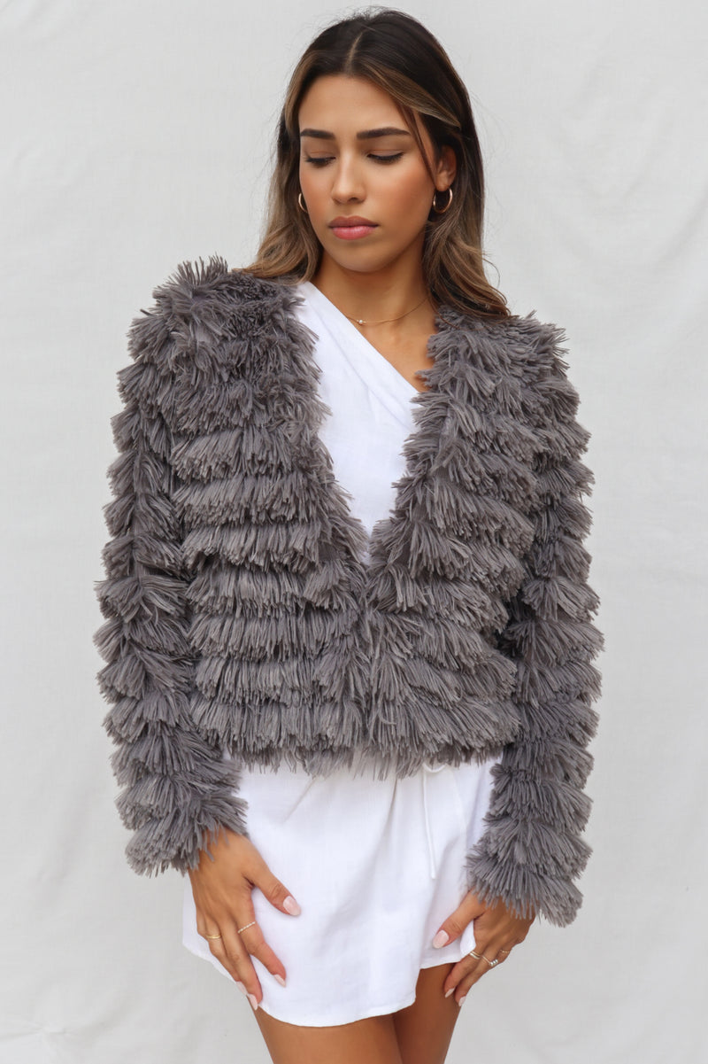 Bambi Faux Fur Jacket - Grey Fluffy Cropped Winter Jacket – Runway Goddess