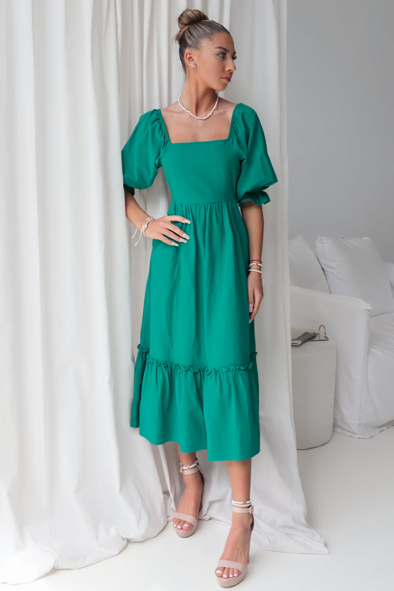 Cecilia Midi Dress - Short Sleeve Emerald Green Festival Cotton Summer ...