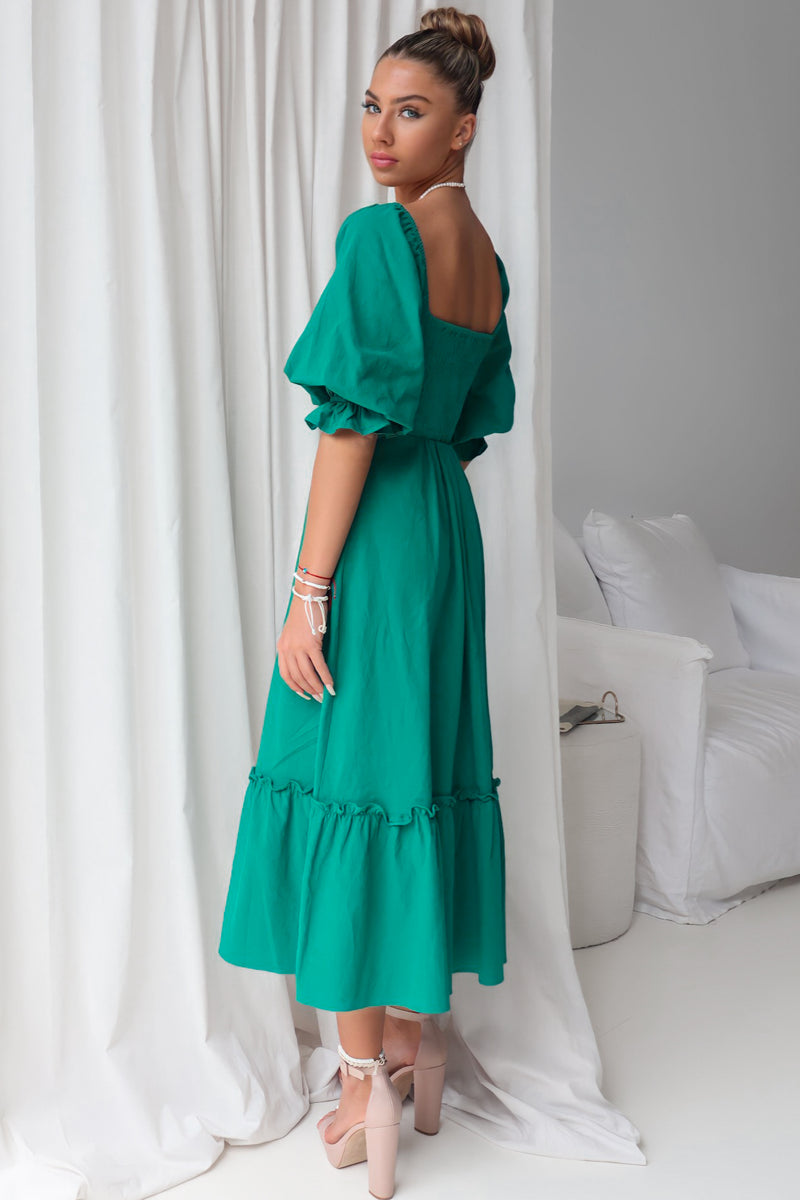 Cecilia Midi Dress - Short Sleeve Emerald Green Festival Cotton Summer ...