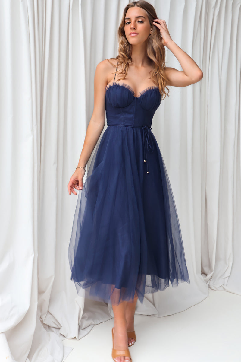 Cindy Tulle Midi - Cute Chic Corset Cups Tulle Formal Navy Dress ...