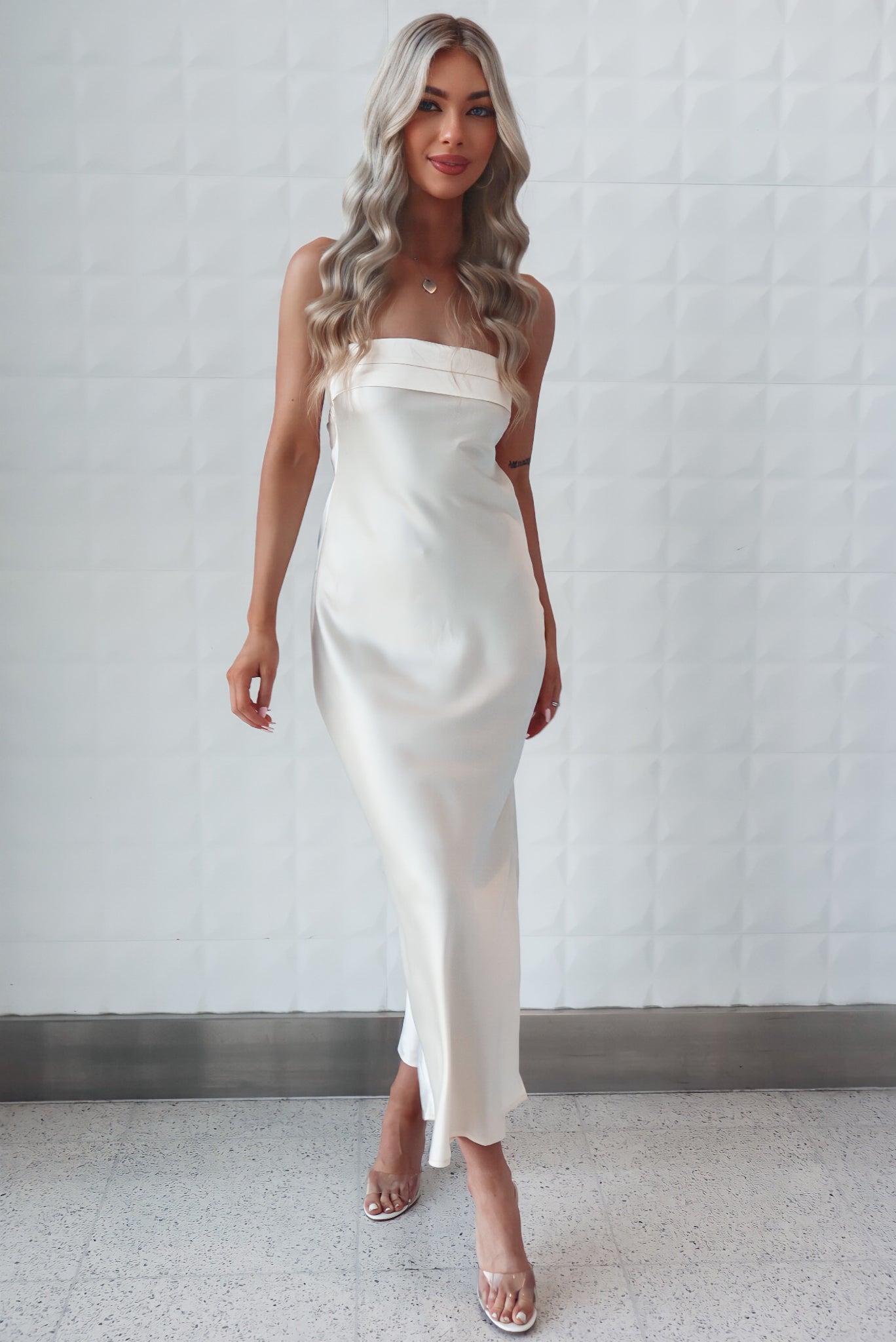 Kyra Maxi Dress Satin Champagne Strapless Semi Formal Dress Cocktail