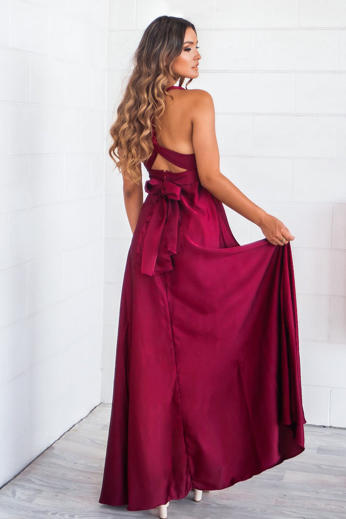 Maroon Satin Multiway Maxi Dress Wine Red Formal Gown Bridesmaid Dress Runway Goddess 