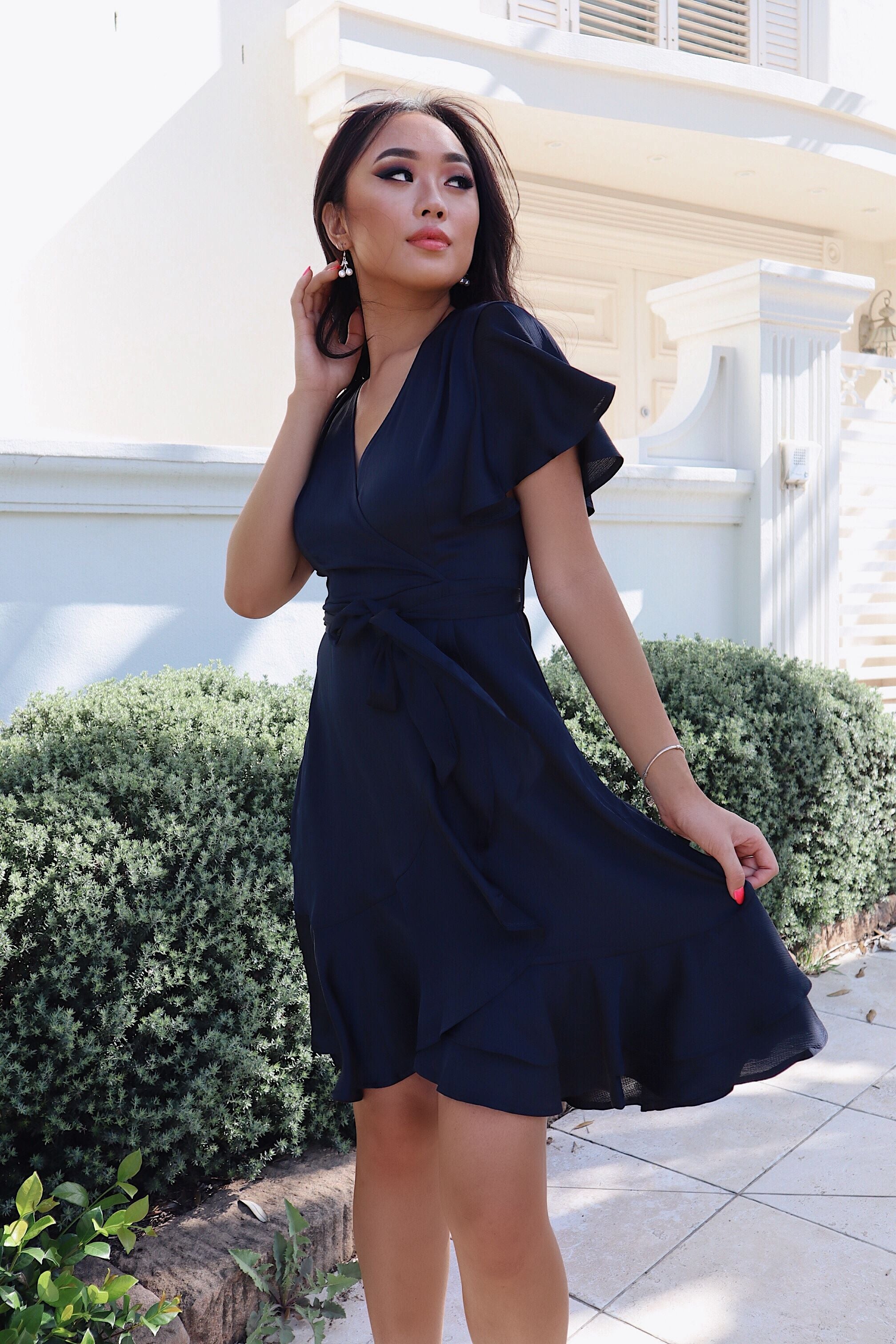 Satin Butterfly Midi Dress - Navy