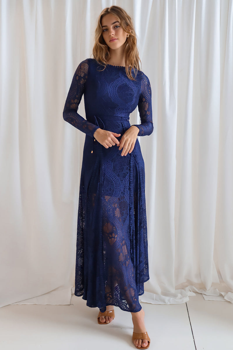 Stunning Formal Tilly Lace Maxi Dress Navy Blue Long Sleeve – Runway ...