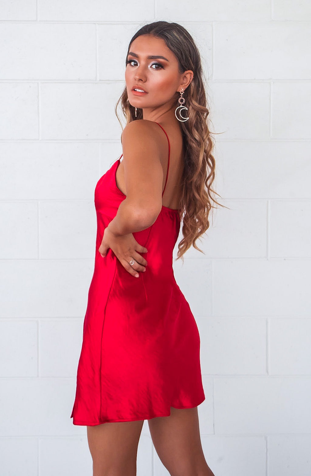 red satin slip dress long