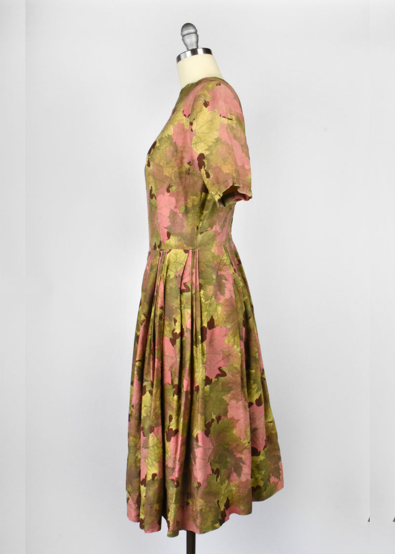 Pink and Green 1950's Autumn Leaf Print Swing Dress