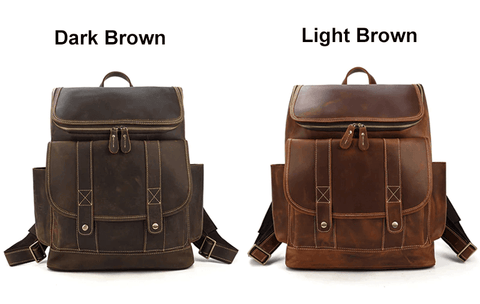 light brown and dark brown leather backpacks