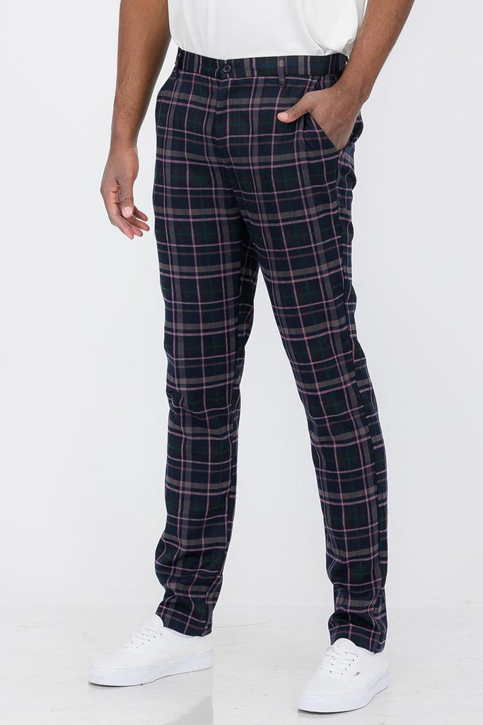 Blue/Grey & Deep Red Check Slim Fit Trousers – Style Trousers – Mod Shoes