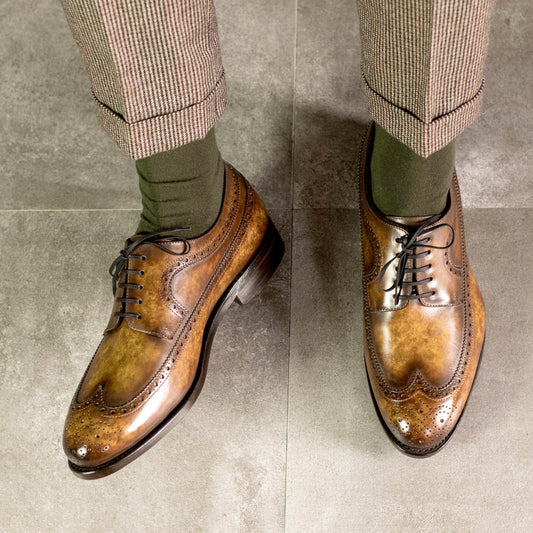 SUITCAFE Full Brogue Cognac and Green Leather Patina Red Sole Men's Shoe 6