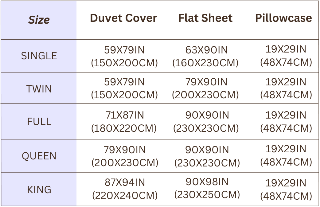 Bedding Size Chart