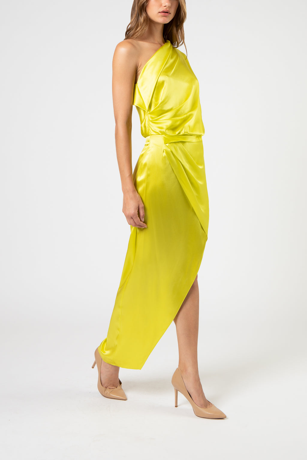 ASYMMETRICAL DRAPED MIDI DRESS - HIGHLIGHT – Michelle Mason