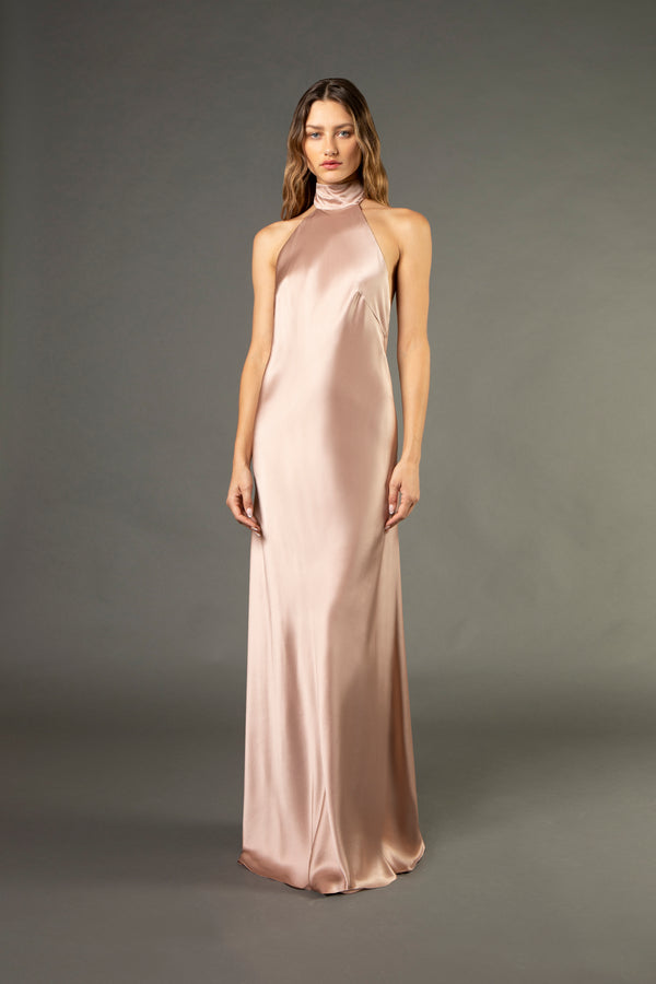 Bridal Halter Tie Neck Backless Gown - Champagne 4