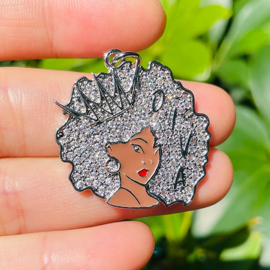 10pcs/lot 35*28mm CZ Paved Afro Queen Girl with Africa Map Hair Charms, Charms