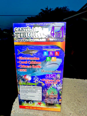 4 en 1 Cartílago Tiburón Shark Cartilage 100 Tablets. Ajo Chino, Glucosamina, Calcio de Coral, MSM - Medicinas Naturales Store LLC