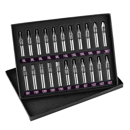 22Pcs/Box Stainless Steel Tattoo Tips Nozzles Set with 6Pcs Aluminum Ribbed Grips