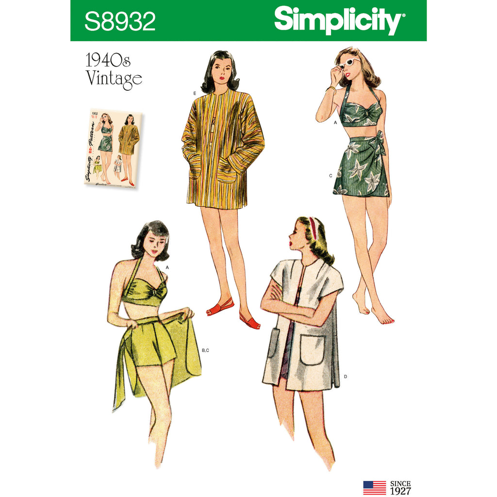 Simplicity Sewing Pattern S8932 - Misses' Vintage Bikini Top, Shorts, Wrap, Skirt and Coat