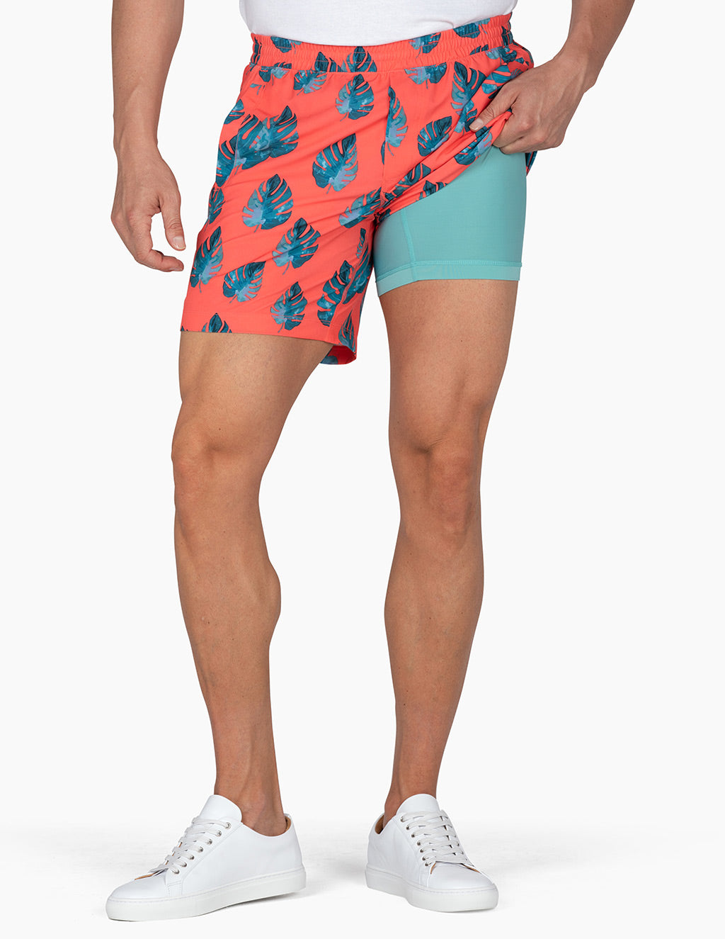 birddogs Red shorts with blue leaves on model showing built-in liner