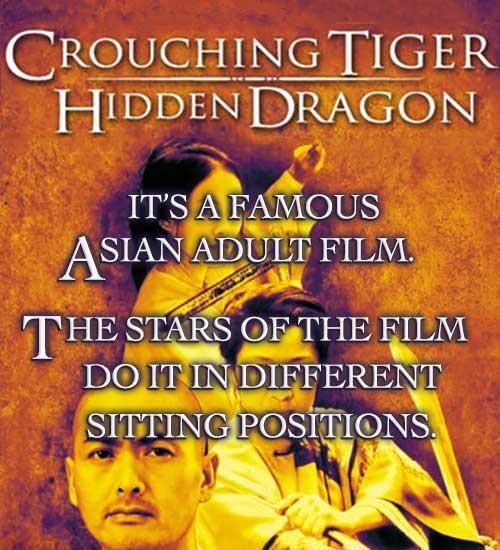 Crouching Tiger Hidden Dragon... It's a famous Asian adult film. The stars of the film do it in different sitting positions.