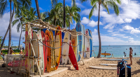 Surfboards lined up on Waikiki beach