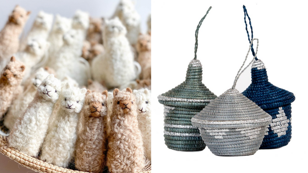 Alpaca ornaments and boho woven basket ornaments from meridian
