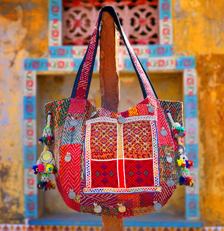 Kantha Balloon Tote Bag with antique paise coins