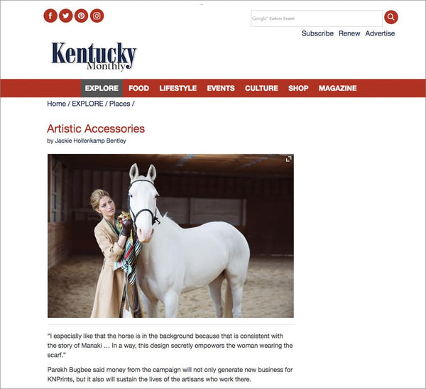 Kentucky Monthly - features silkhorse handmade luxury women's scarves series by Parekh Bugbee