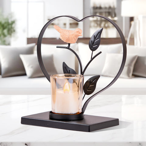 Black Metal Tealight Holder With Bird, 6&quot; Nature Inspired Glass Decor