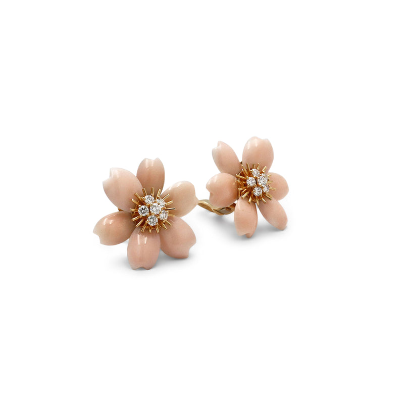 Van Cleef & Arpels "Rose de Noël" Yellow Gold Coral and Diamond Earrings