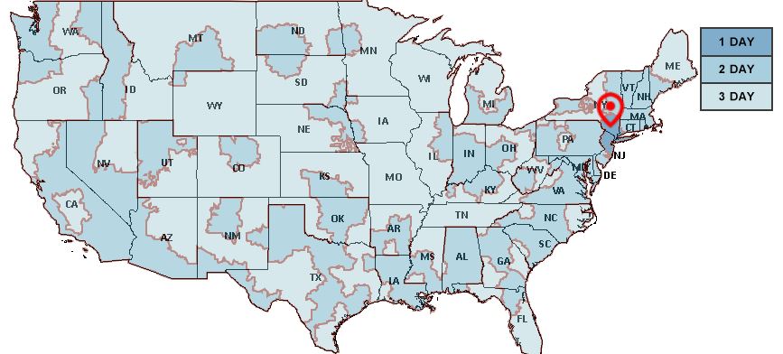 USPS Priority Map for Delivery Estimates from South Orange, NJ 07079