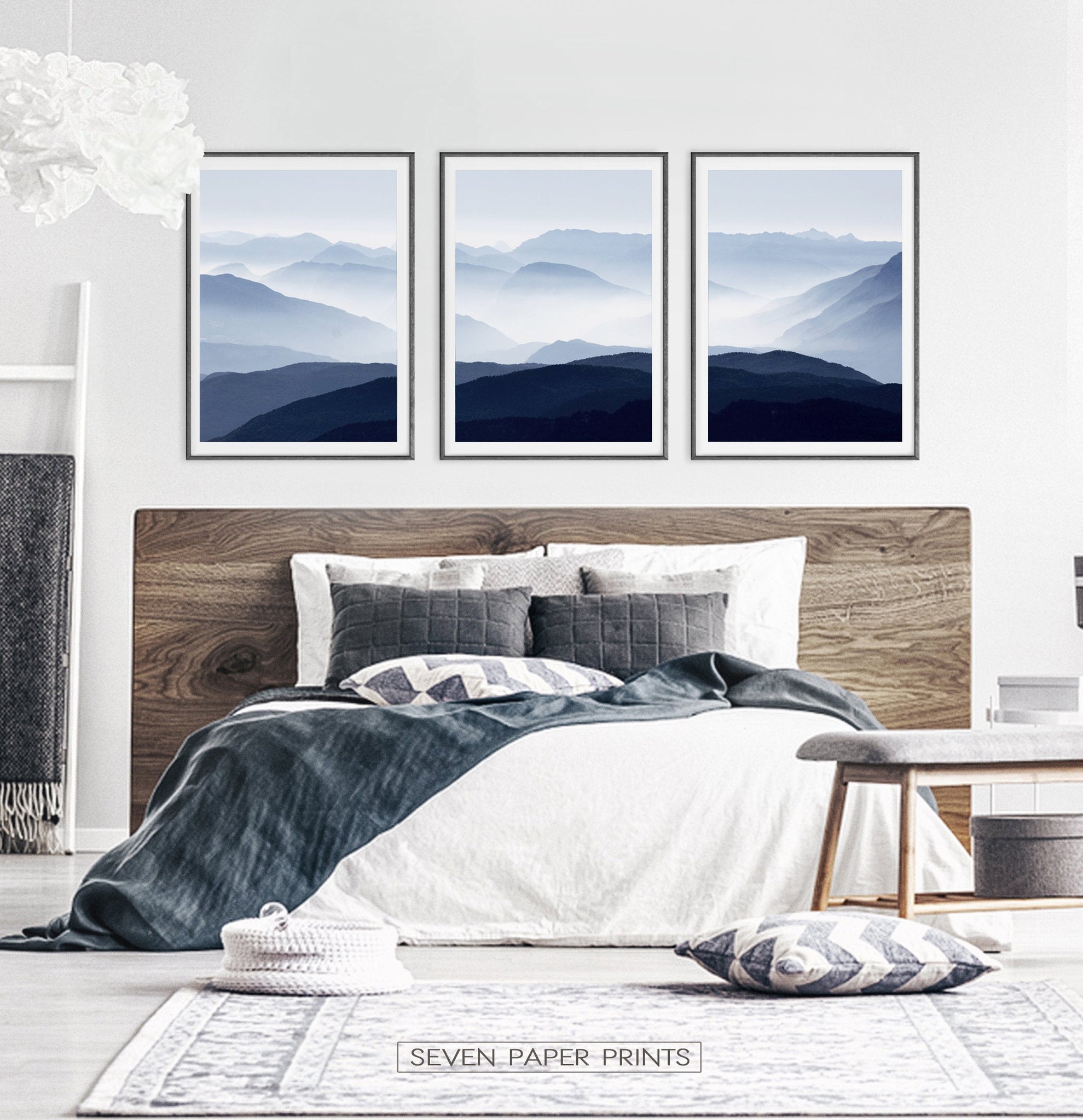 Blue Nordic Wall Art Set Of 3 Minimalist Mountain Prints Seven